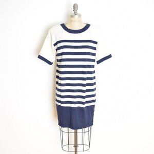 vintage 80s dress navy blue white striped tee t-shirt knit mini nautical L